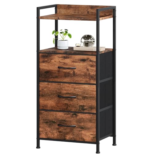Somdot Nightstand with 3 Drawers, Dresser with Fabric Bins for Bedroom, Hallway, Entryway, Night Stand Bedside Table Furniture, Sturdy Steel Frame, Wooden Top, Easy Pull Fabric Bins, Wood Grain Print - color: Wood Grain Print, size: 11.4"D x 15.2"W x 30.6