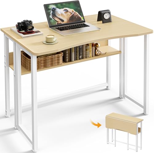 Huuger Folding Desk with Storage Shelf, 31.5 Inch Foldable Computer Table for Small Spaces, Space Saving Sofa Table for Couch, Writing Work Office Computer Desk, Easy to Fold, Oak - color: Oak, size: 18.5"D x 31.5"W