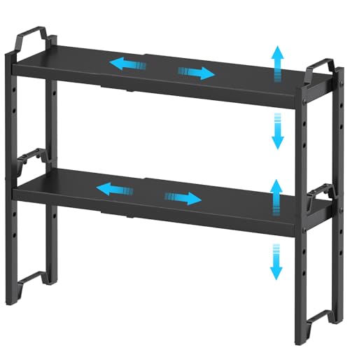 Narrow Expandable Cabinet Shelf Organizer 5.51" Width, Kitchen Counter Storage Shelves Spice Racks, Small Cupboard Countertop Tabletop Shelves Organizers, Expandable Adjustable Stackable, Load 30LBS - color: Black, size: 2 Pack Narrow Model: 12.5"-20.5"L