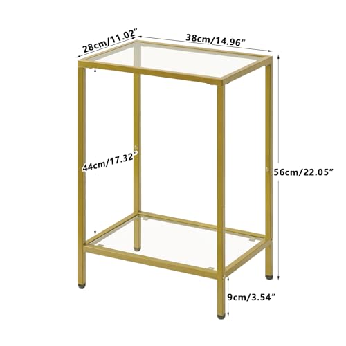 YMYNY Tempered Glass Side Table, 22.05H*14.96L*11.02W,Gold, UHGD002G | 2 Tier end table, Storage Shelves, Narrow Bedside Table, Small Space - color: Gold