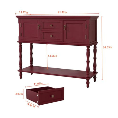 ARTPOWER Console Table with 2 Drawers, Retro Entryway Table with 2 Door Cabinets and Open Storage Shelf, Narrow Long Behind Couch Sofa Table for Living Room, Foyer, Hallway, Red - color: Red