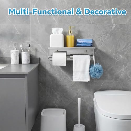 Double Bathroom Toilet Paper Roll Holder with Shelf Wall Mount Tissue Roll Holder Stainless Steel Wall Mounted RV Tissue Rolls Holders Toilet Paper Holders with Shelf, Silver