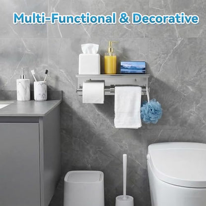 Double Bathroom Toilet Paper Roll Holder with Shelf Wall Mount Tissue Roll Holder Stainless Steel Wall Mounted RV Tissue Rolls Holders Toilet Paper Holders with Shelf, Silver