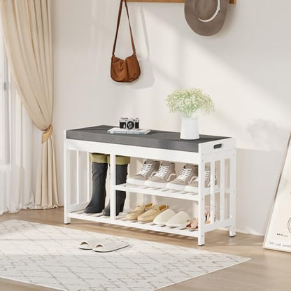 Shoe Rack Bench with Cushion,2 Tiers Shoe Bench with Flip-Top Storage,Wood Shoe Rack for Entryway, Hallway, Bedroom, Front Door Entrance (White) - color: White
