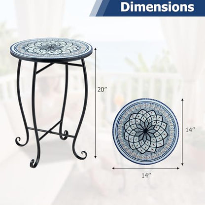Giantex Outdoor Side Table, Blooming Lotus Mosaic Patio Accent Table, 14" Coffee End Table, Indoor Outdoor Metal Plant Stand for Porch Garden Balcony Desk - style: Blooming Lotus