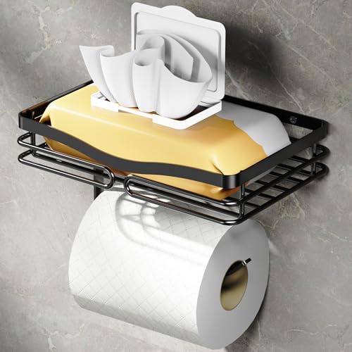 YIGII Toilet Paper Holder with Shelf, Adhesive or Drilling Tissue Roll Holder for Bathroom, Rustproof Toilet Roll Holder Wall Mounted for Phone, Wipe Storage (Matte Black) - color: Brushed Black