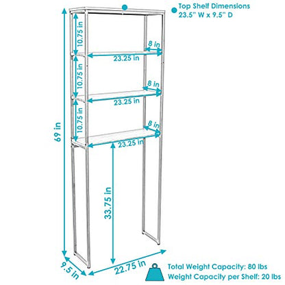 Sunnydaze 69-Inch 4-Tier Over-the-Toilet Shelf - Open Shelves, Veneer Finish and Black Iron Frame - Oak Gray - color: Oak Gray