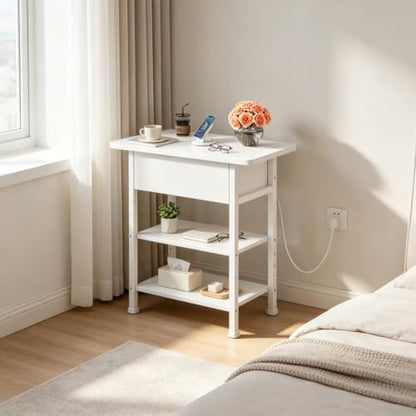 WLIVE 3-Tier End Table with Charging Station, Flip Top Side Table with Storage Shelf, Sofa Couch Table with USB Ports and Outlets, Narrow Bedside Table for Living Room, Bedroom - color: White