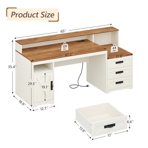 65" Farmhouse Computer Desk with Drawers and Printer Stand for Home Office | Office Desk with Power Outlets and Storage Cabinet, Study Writing Desks with Long Monitor Stand, Brown and White - color: Brown and White