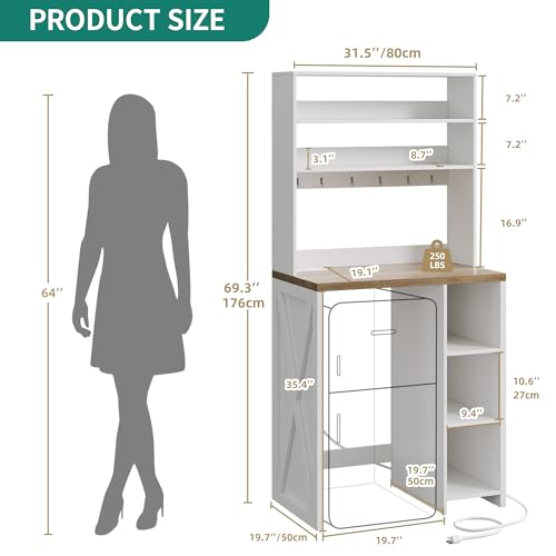 DWVO White Mini Fridge Cabinet Stand with Storage, 6-Tier Bakers Rack with Power Outlet, Kitchen Microwave Stand Farmhouse Tall Coffee Bar Station for Dining Room Living Room Dorm Office | Fits mini fridge, 6-tier storage, built-in power outlet, farmhouse