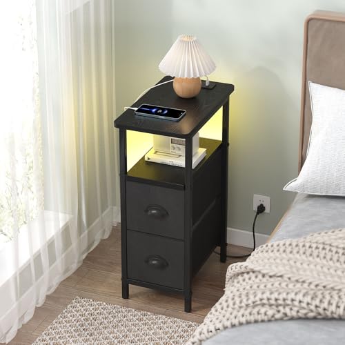 sthmec Narrow End Table with Charging Station, Narrow Side Table with 2 Fabric Drawers, LED End Table, Slim Nightstand with LED Light, Small Side Table for Small Spaces, Living Room, Bedroom, Black - color: Black, size: 7.87'' W x 15.75'' D x 24.37'' H, s