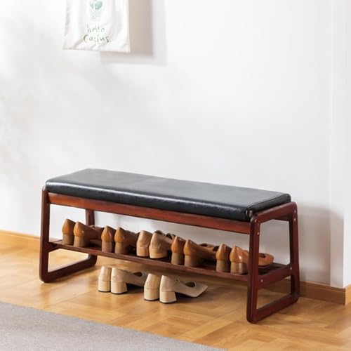 SOBIBO Solid Wood Shoe Bench, 2-Tier Wooden Entryway Bench, Modern Shoe Rack with Cushion for Hallway, Living Room (Black, 39.4'') - color: Black, size: 39.4 inches