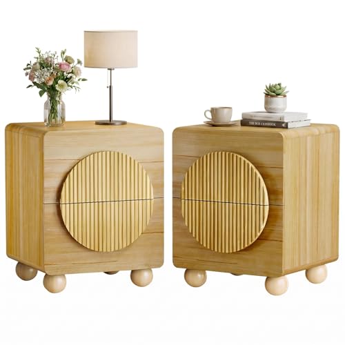 23" Fluted Nightstand with Solid Wood Legs Set of 2, Modern Style Natural Bedside Table with Round Moon Handle & Storage, Mid Century Cute Night Stand for Bedroom, Side Table, End Table - color: Yp-natural, size: 2 PCS