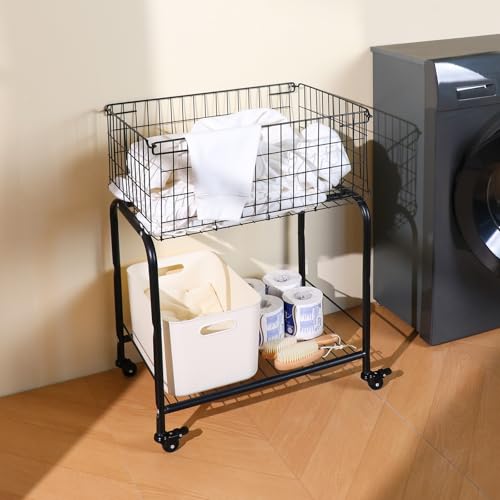 Rolling Laundry Basket with Wheels, 31" Height Heavy Duty 2-Tier Metal Wire Laundry Cart, Foldable Hamper with Industrial Wheels & Brakes for Clothes, Bedroom, Dorm, Apartment, Black - color: black