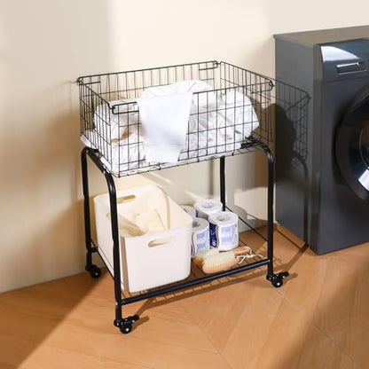 Rolling Laundry Basket with Wheels, 31" Height Heavy Duty 2-Tier Metal Wire Laundry Cart, Foldable Hamper with Industrial Wheels & Brakes for Clothes, Bedroom, Dorm, Apartment, Black - color: black