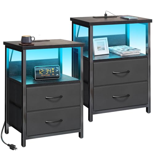 Fixwal Nightstand Set of 2 Night Stand with Charging Station, LED Nightstand with Fabric Drawers, End Table with PU Finish, Bed Side Table, Black - color: Black, size: 23.6"H (2 drawers), style: Power+Light (2pc)
