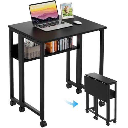 GreenForest Folding Desk with Wheels, 24.8" Rolling Table for Small Spaces | Storage Shelf, Lockable Casters, Compact Portable Workstation, Space-Saving Foldable Sofa Table, Home Office, Mobile, Black - color: Black, size: 24.8 inch