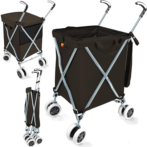 Wellmax Folding Shopping Cart with Canvas Bag & Cover, Holds 120 lb, Black | 360 Swivel Wheels, Lightweight Foldable Utility Cart, 24 Gallon Capacity, for Groceries, Laundry & Seniors, Rolling Cart - color: Black