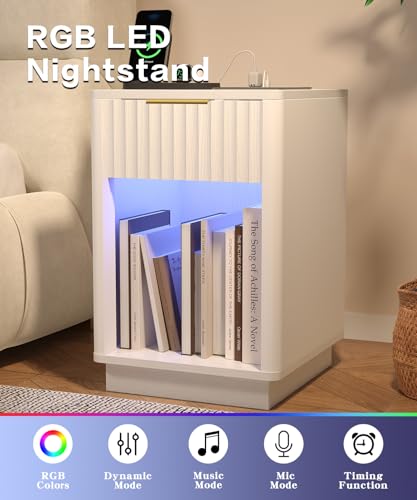 Akxomel Fluted Nightstand, Wooden Night Stand with Charging Station and LED Light, Modern Mid Century End Table with Drawer, 15" D x 15.7" W x 22.6" H, for Bedroom, White - color: White