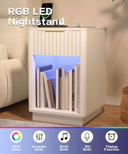 Akxomel Fluted Nightstand, Wooden Night Stand with Charging Station and LED Light, Modern Mid Century End Table with Drawer, 15" D x 15.7" W x 22.6" H, for Bedroom, White - color: White
