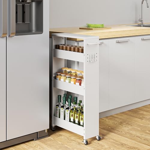 XYZLVSI Slim Storage Cart, Narrow Kitchen Rolling Cart for Small Spaces | 5.9" W skinny storage cart, 12.4" bottom metal utility cart with 360° swivel wheels for bathroom/laundry, slim shelf, white - size: 5.9IN-White
