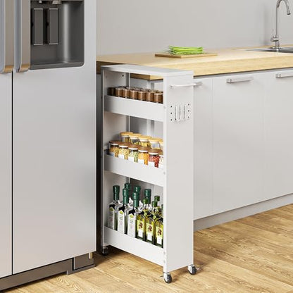 XYZLVSI Slim Storage Cart, Narrow Kitchen Rolling Cart for Small Spaces | 5.9" W skinny storage cart, 12.4" bottom metal utility cart with 360° swivel wheels for bathroom/laundry, slim shelf, white - size: 5.9IN-White