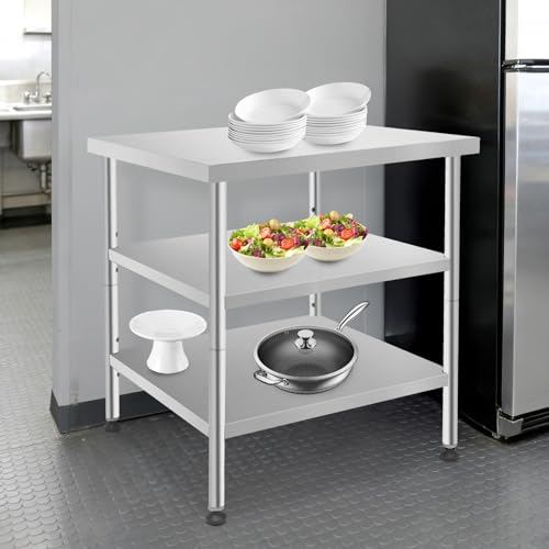 30x30x35in 3-Tier Stainless Steel Work Table with Casters & Foot Pads, Adjustable Shelves, 580 lbs Load Capacity, Space-Saving Utility Cart for Kitchen, Garage, Restaurant, Commercial & Home Use - size: 30 X 30 X 35 Inches