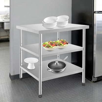 30x30x35in 3-Tier Stainless Steel Work Table with Casters & Foot Pads, Adjustable Shelves, 580 lbs Load Capacity, Space-Saving Utility Cart for Kitchen, Garage, Restaurant, Commercial & Home Use - size: 30 X 30 X 35 Inches