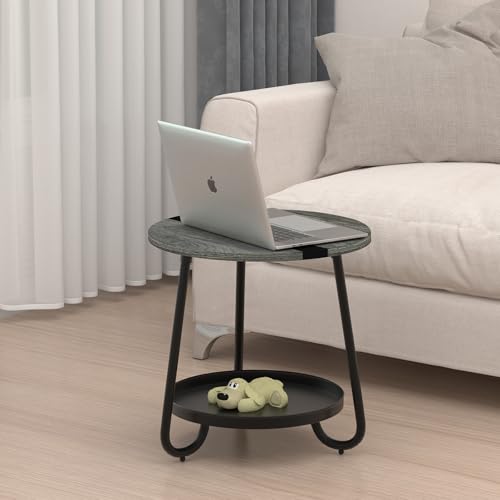 2 Tier Coffee Table in Living Room, Industrial Style Round Coffee Table with Metal Tray, Wood Small Outdoor Coffee Table for Bedroom Balcony Patio, Gray - color: Grey