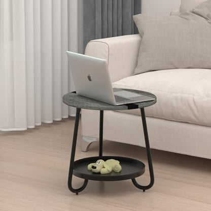 2 Tier Coffee Table in Living Room, Industrial Style Round Coffee Table with Metal Tray, Wood Small Outdoor Coffee Table for Bedroom Balcony Patio, Gray - color: Grey