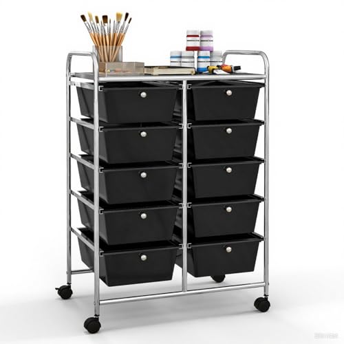 GLACER 10 Drawer Rolling Cart, Storage Cart with Lockable Whieels & Metal Frame, Trolley for Art Craft Oganizer, Mobile Utility Cart for Office, School, Classroom, Kitchen (Black) - color: Black, size: 10 Drawers (Big)