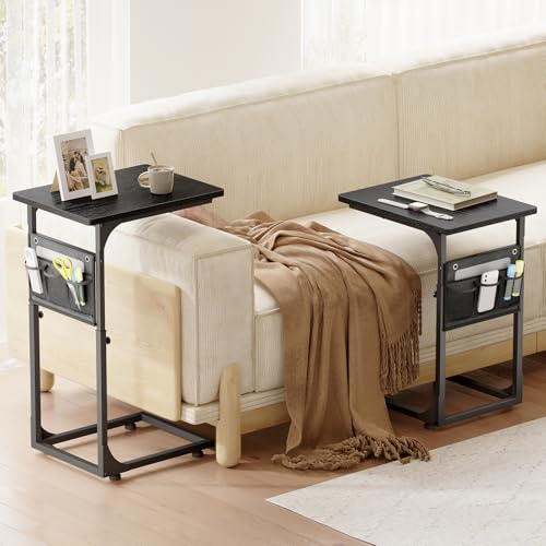 Fixwal C Shaped End Table Adjustable Height Side Table for Couch, TV Tray with Storage Bag Slide Under Sofa Small Tables for Living Room, Bedroom & Office, Black - color: Black, style: Long Board