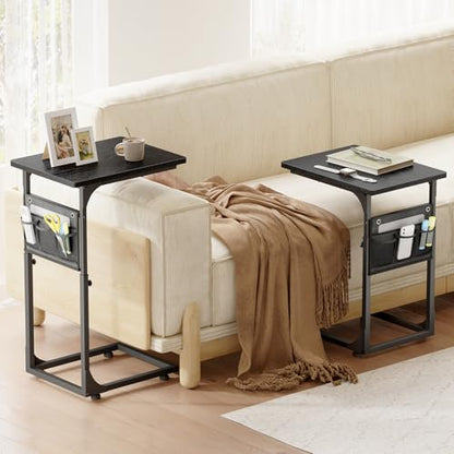 Fixwal C Shaped End Table Adjustable Height Side Table for Couch, TV Tray with Storage Bag Slide Under Sofa Small Tables for Living Room, Bedroom & Office, Black - color: Black, style: Long Board