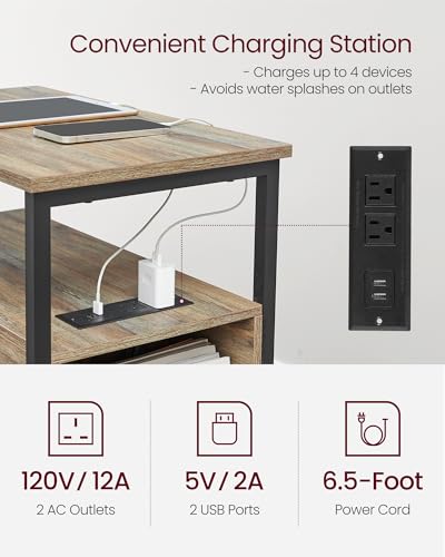 VASAGLE Side End Table with Charging Station, Slim Nightstand with 2 Drawers, Narrow Bedside Table for Living Room, Small Spaces, Turquoise Brown and Ink Black ULET321B60V1S - color: Turquoise Brown + Ink Black, size: 23.6"D x 11.8"W