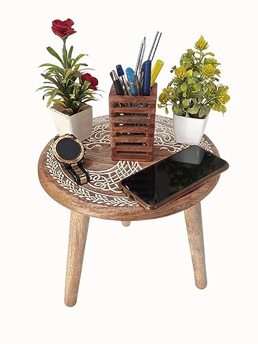 VANIYA CRAFTS® Wooden Engraved Fold-able Side Table/End Table/Plant Stand/Stool for Living Room Bedroom Restaurant Kids Play Furniture Table Round Shape (Natural White 4) - color: Natural White 4