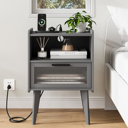 MMEOLUOOK Nightstand with Charging Station, Bedside Tables Grey End Table Side Table with 2 Tiers Storage Space, for Bedroom Living Room CAMLBZ07ZE - color: Grey