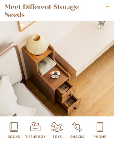 Narrow Side Table with 2 Drawers, Mid Century Modern Slim Night Stand with Storage, Wooden End Table for Small Spaces, Bedroom, Living Room（No Charging Station）