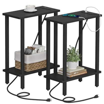 TUTOTAK Narrow Side Table Set of 2, Small End Table with Charging Station | 2-Tier Skinny Sofa Table, Slim Nightstand, Easy Assembly for Living Room, Bedroom, Black TB01BK0602 - color: Black, size: 2-tier