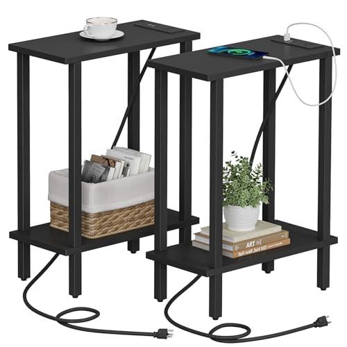 TUTOTAK Narrow Side Table Set of 2, Small End Table with Charging Station | 2-Tier Skinny Sofa Table, Slim Nightstand, Easy Assembly for Living Room, Bedroom, Black TB01BK0602 - color: Black, size: 2-tier