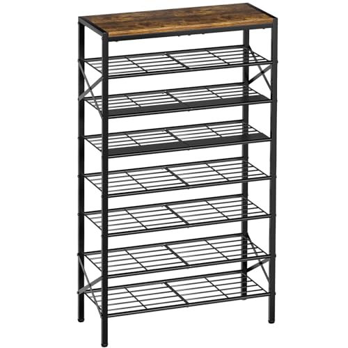 8 Tier Metal Shoe Rack with Wood Top, 24-32 Pairs Rustic Brown | 52in tall maximizes vertical space. 2 iron sheets for heels. Remove a layer for tall boots. Versatile for home. - color: Rustic Brown, size: 8-tier