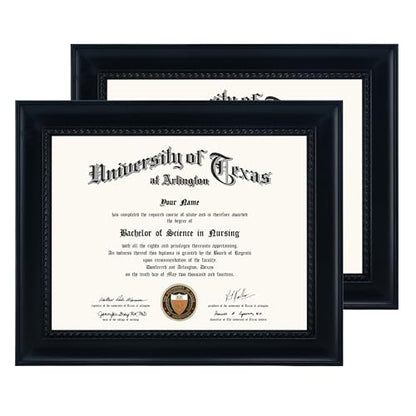 GMFrames Solid Wood Diploma Degree Frame for 8.5x11 Certificates,Black Finish with Intricate Black Rope Detail,UV Protection Acrylic,2 Pack - color: Black, size: 8.5x11, 2-Pack