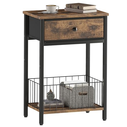 End Tables Bedroom, Night Stand with Drawers, Industrial nightstand, Nightstand with Fabric Bins, Bedside Table End Table for Bedroom, Closet, Entryway, College Dorm, Rustic Brown LNT0061BR - color: Rustic Brown & Black