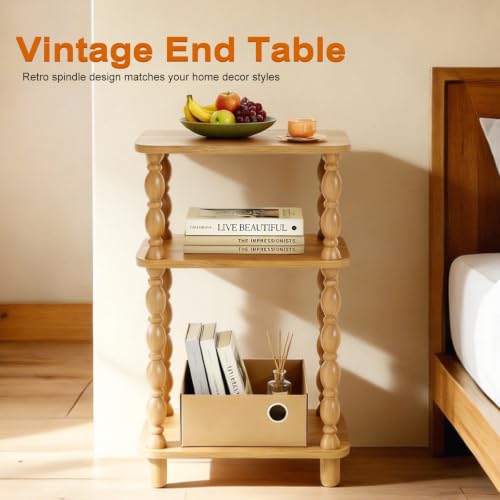 Small Side Table, 3-Tier End Table, Natural Wood | Farmhouse Style, Modern Accent, Narrow Design for Small Spaces, Bedroom & Living Room - color: Natual Wood, size: Standard
