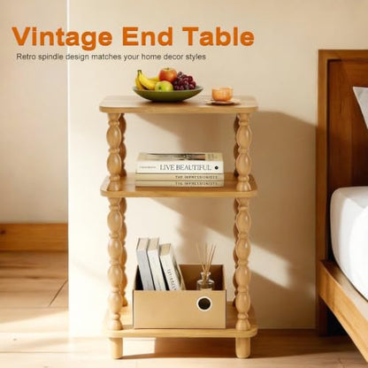Small Side Table, 3-Tier End Table, Natural Wood | Farmhouse Style, Modern Accent, Narrow Design for Small Spaces, Bedroom & Living Room - color: Natual Wood, size: Standard