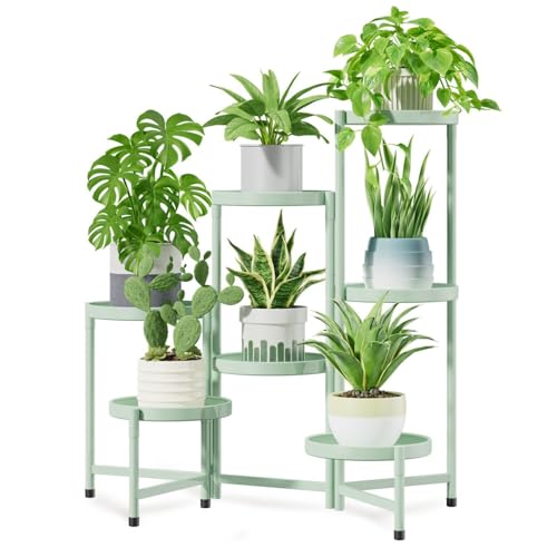 iDavosic.ly 7 Tier Large Plant Stand Indoor, 10 Inch Wide Tall Corner Metal Plant Stands Outdoor for Multiple Plants, Folding Tiered Flower Display Holder Rack Shelf, Light Green - color: Mint Cream, size: 7 Tiers