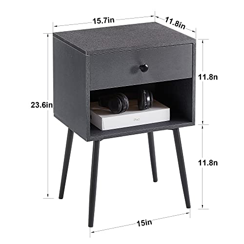 VECELO Nightstands Set of 2, Mid Century Modern End Bedside Table, Night Stand with Storage Drawer and 2 Tiers Open Shelf for Small Place, Bedroom, Living Room, Easy Assembly, Grey - color: Grey