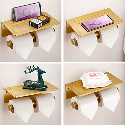 Double Toilet Paper Holder with Shelf, Commercial Toilet Paper Roll Dispenser Wall Mount with Cell Phone Storage Rack, Aluminium Fits Mega Roll Dual Toilet Paper Tissue Holder Brushed Gold - color: Gold-2 Roll