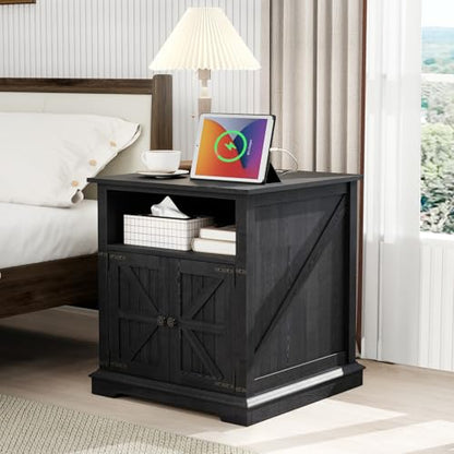 MUUEGM Black End Table Living Room Set of 2 Large Farmhouse Nightstand Sofa Side Table with Charging Station Rustic Wood Square Bedside with Barn Door Rustic Wood with Storage for Living Room,Bedroom - color: Matte Set 2
