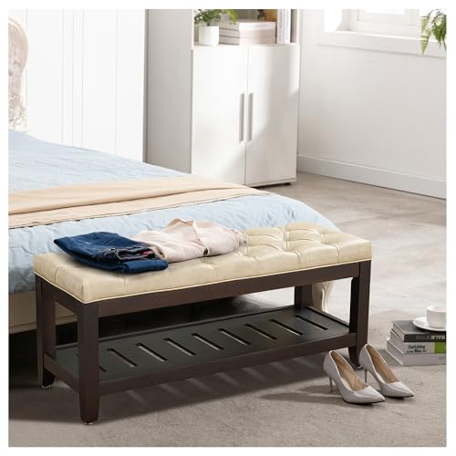 44" Entryway Bench with Shoe Storage, End of Bed Bench, Upholstered Ottoman Storage, 500 LBS Capacity for Entryway, Living Room, Hallway - color: Beige(pu)-1