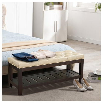 44" Entryway Bench with Shoe Storage, End of Bed Bench, Upholstered Ottoman Storage, 500 LBS Capacity for Entryway, Living Room, Hallway - color: Beige(pu)-1